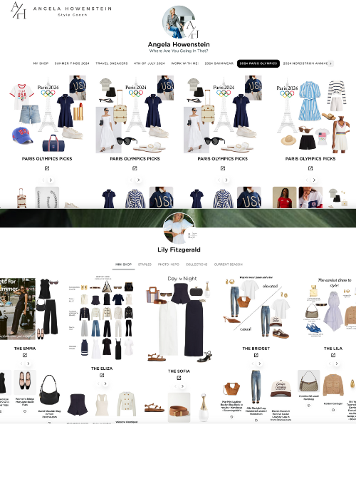 Two members’ branded shops: curated collections and shoppable picks on their own domains