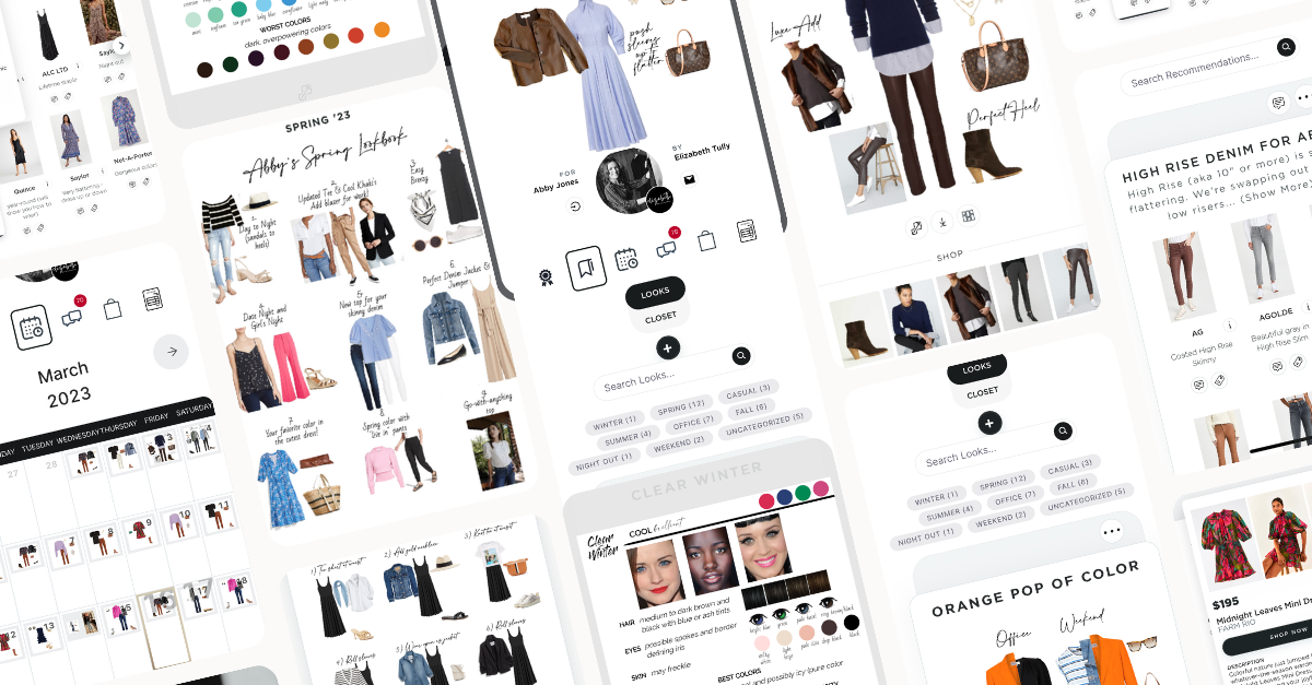GoodPix screens: a client lookbook, a digital closet, a styling calendar, and shoppable recommendations
